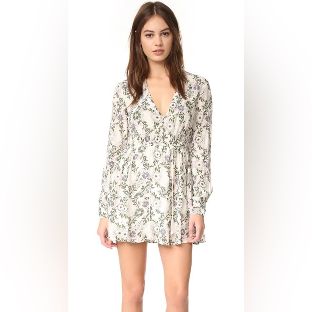 Free People Stealing Fire Mini Dress Long Sleeve Floral Ivory Boho Size XS 389